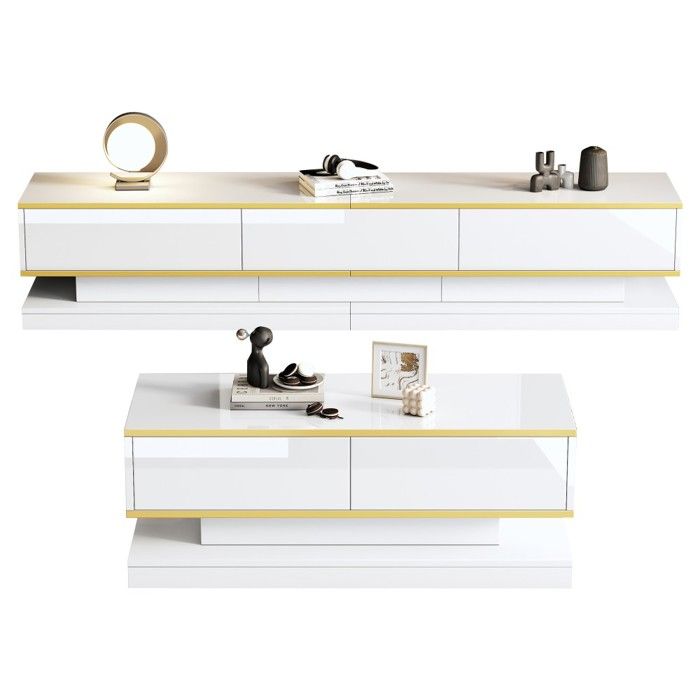 Ensemble meuble TV + table basse moderne blanc brillant à bordures dorées - 3 tiroirs console + 2 tiroirs table - Salon Ensemble meuble TV + table basse moderne blanc brillant à bordures dorées - 3 tiroirs console + 2 tiroirs table - Salon