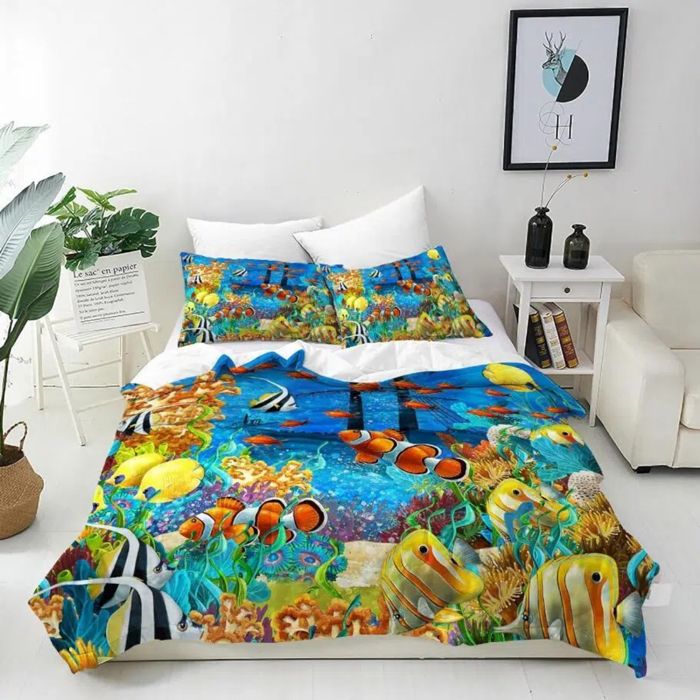 Parure de Lit Océan Tropical Poisson Housse de Couette 140x200cm avec 2 Taies doreiller Microfibre Literie avec Fermeture Éclair