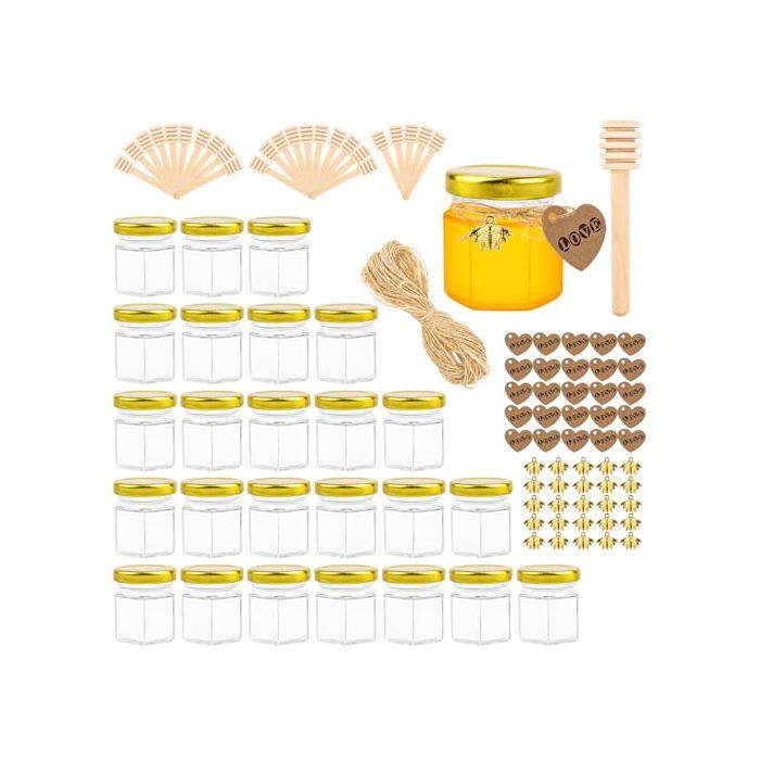 Pots à miel verre hexagonaux 25 pièces 45ml avec couvercle cuillère bois pendentif abeille