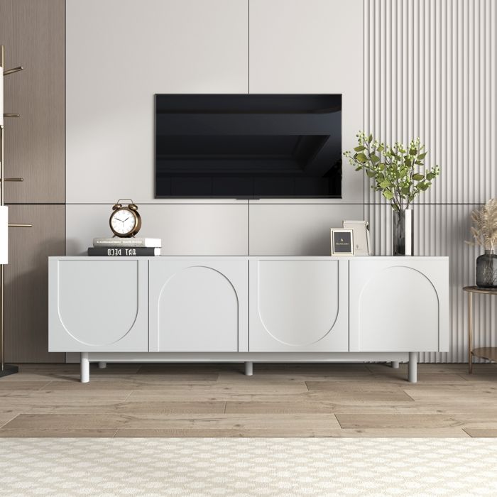 Meuble TV Blanc Moderne avec Plateaux Réglables Meuble TV Bas Léger Style Luxe Meuble Bas 175 x 38 x 56 cm
