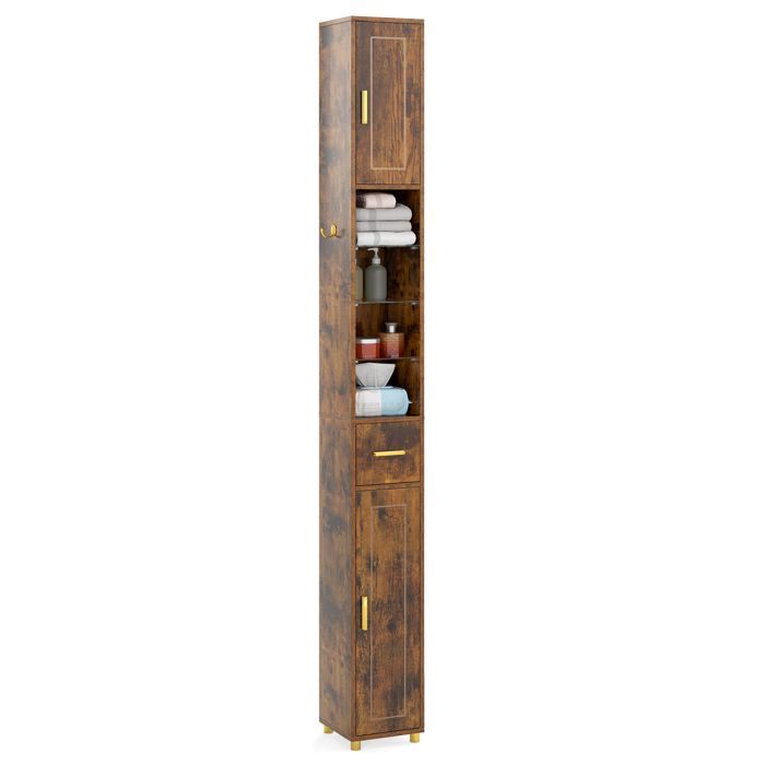 GIANTEX Colonne de Salle de Bain Étroit- 20x20x181cm- Lumière Réglable- Étagère Réglable- Étageres en Verre- Tiroir- Crochet- Marron