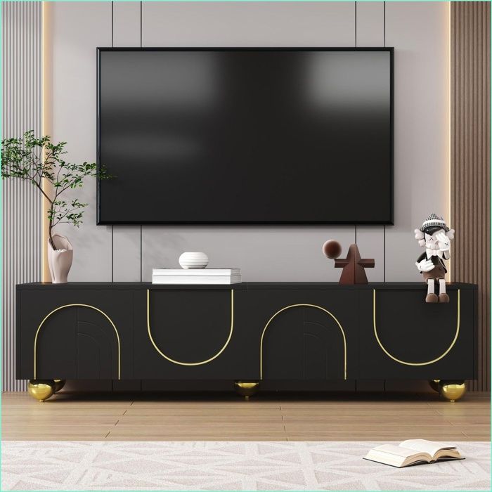 Meuble TV & Divertissement - Lowboard Luxe Portes Or + Poussoir - Noir