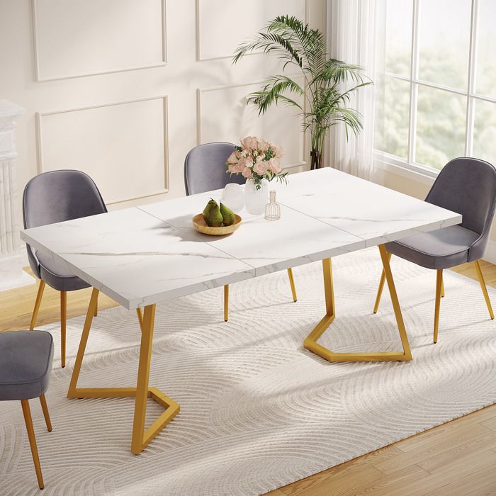 Table à Manger ModerneLittle Tree140x80x75 cmTable de Cuisine avec Marbre et Pieds en Métal Doré Pour 4 à 6 PersonnesBlanc