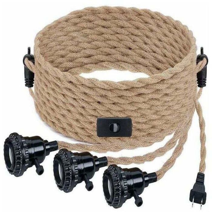 Suspension luminaire - PZCC - 3 lumières E27 - Corde de chanvre 8 m - Interrupteur & prise - Style rétro beige