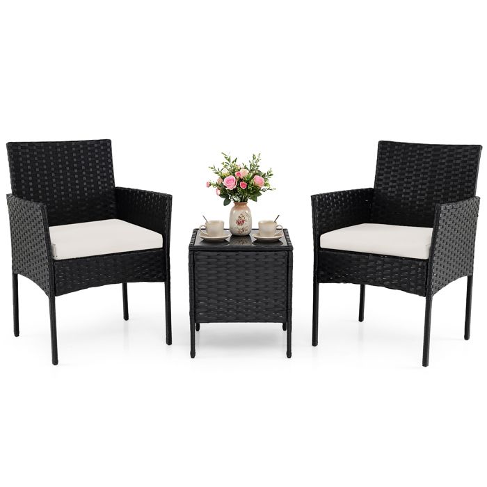 COSTWAY Ensemble 3 PCS Table et Chaises de Jardin Extérieur en Rotin PE Coussin Amovible Beige Table en Verre Trempé Cadre Métal COSTWAY Ensemble 3 PCS Table et Chaises de Jardin Extérieur en Rotin PE Coussin Amovible Beige Table en Verre Trempé Cadre Métal