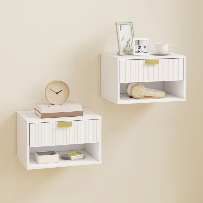 Lot de 2 tables de chevet murales tables de nuit suspendues avec tiroir rainuré et étagère ouverte 40 x 30 x 25 cm blanc
