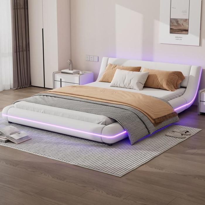 Lit double rembourr 140x200 cm avec éclairage dambiance LED Lit adulte avec tete de lit PU Lit 2 personnes en blanc