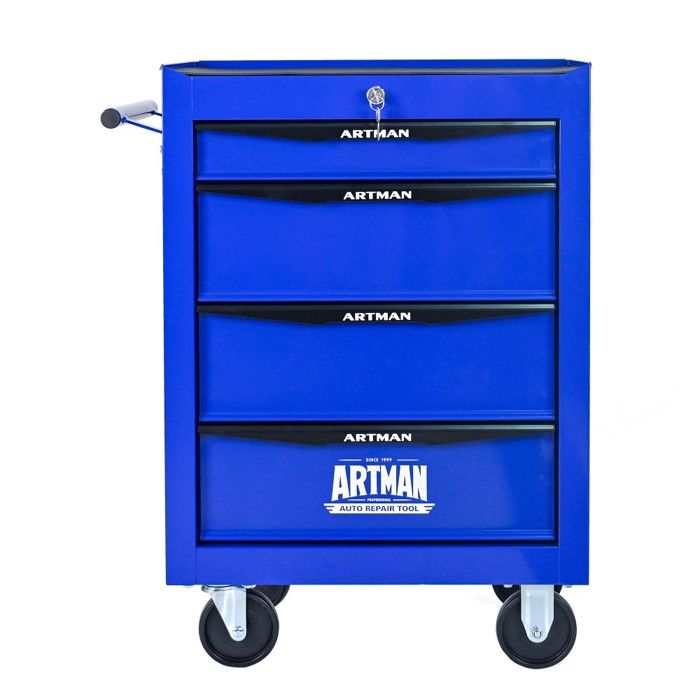 Servante Desserte Boîte à outils roulante métal 4 tiroirs 20 avec glissières billes armoire rangement acier noir bleu 60x33x77 5 cm