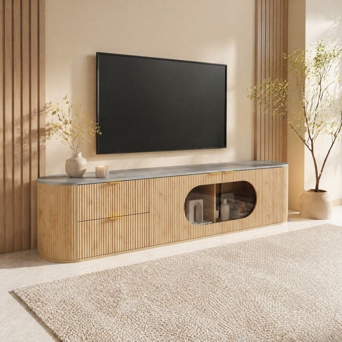 Meuble TV moderne à portes rainurées 3D - TCQPZ - vitrine ovale en verre gris MDF naturel 172 × 38 × 455 cm