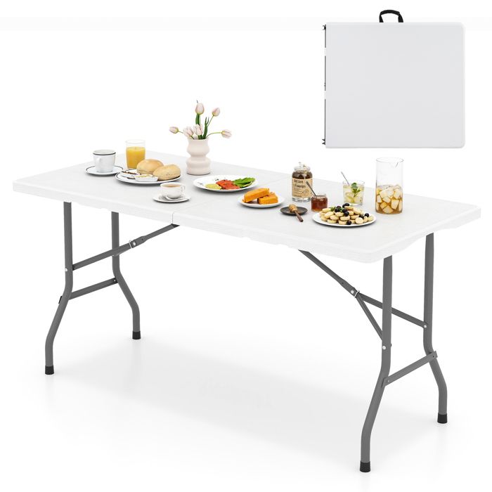 Table Pliante 152cm 4-6 Personnes COSTWAY Plateau en HDPE Poignée de Transport pour Camping Barbecue Cuisine Pique-Nique Blanc