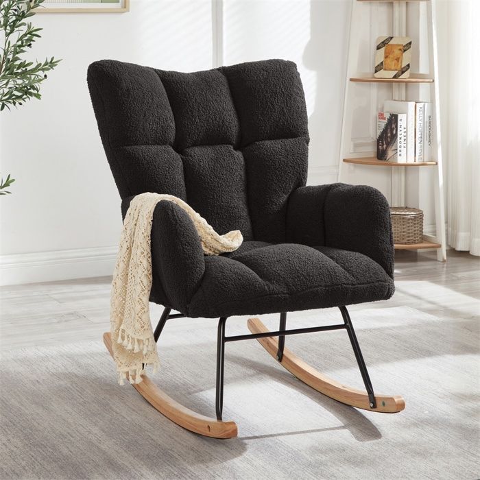 Fauteuil à Bascule Moderne – Schaukelstuhl Design Scandinave avec Cadre en Bois & Métal – Confort Relaxant – Noir