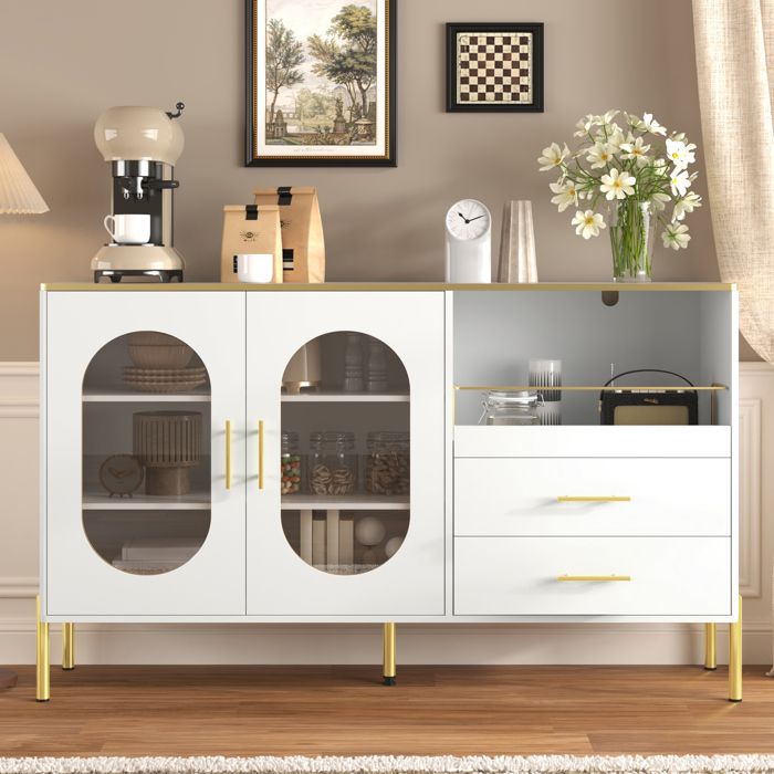Buffet de rangement - N621P294726W - Blanc mat - Poignées et pieds dorés - 2 tiroirs & 2 portes