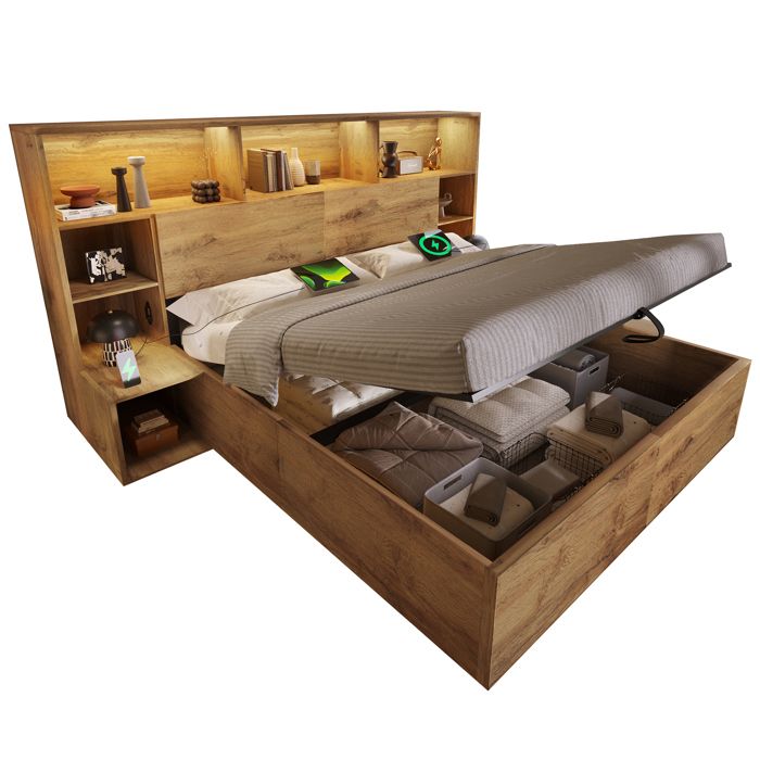HAVRYA Lit Coffre 180x200 cm avec Chevets Intégrés et LED Rangement Hydraulique Chêne Clair - Sans Matelas
