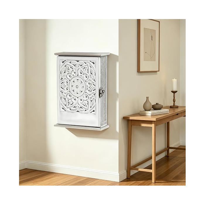 Boite a Clef Decorative Boîte à clés Murale en Bois Armoire à Clés en Bois Armoires à Clés en Design Rétro Creux avec PORTE-MANTEAU