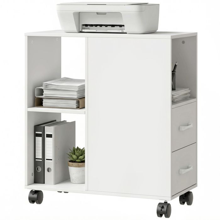 LIA Support dimprimante meuble de rangement sur roulettes avec tiroirs étagère réglable et compartiment ouvert blanc