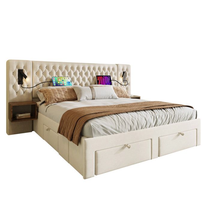 Bettanlage Schlafzimmer Komplett Set 160×200 cm Beige Samt mit 2 Nachttischen und 4 Schubladen