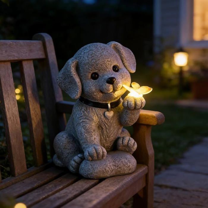 Figurine de Chien Solaire Statue Solaire de Jardin Chien Ornament Outdoor avec Papillons Figurine animal de Jardin Chien