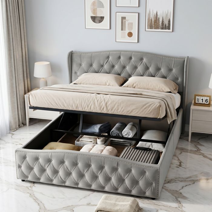 Lit double - 140x190 - Velours gris capitonné - Coffre de rangement - Sommier à lattes inclus