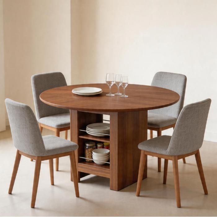 Table à manger ronde – Walnut – diamètre 100 cm – rangements ouverts – 4 à 6 personnes