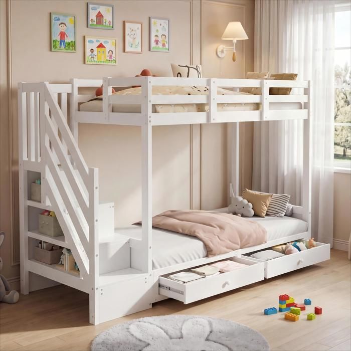 Lit superposé enfant 90x200 cm avec canapé convertible 5 positions escalier rangement 2 tiroirs 4 coussins sans matelas blanc