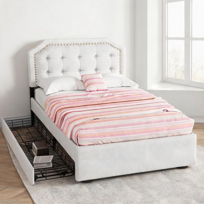 Sommier 1 place 90x200 cm avec tiroirs et tête réglable beige MDF et lin