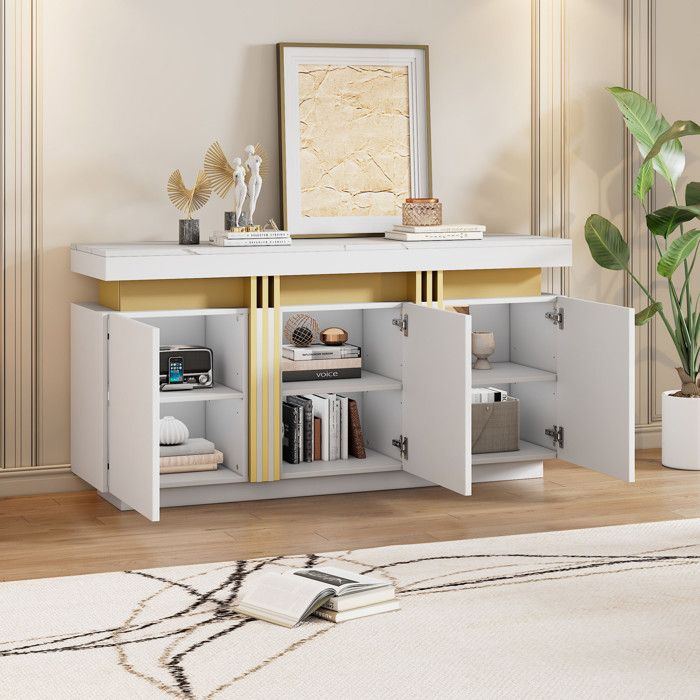 WOVREO Buffet bas 140 x 38 x 70 cm 3 portes 6 compartiments effet marbre blanc