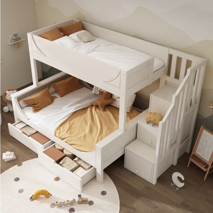 MEUBLIV Lit superposé enfant 90x200 / 140x200 cm avec escalier-rangement 2 tiroirs sommier à lattes blanc