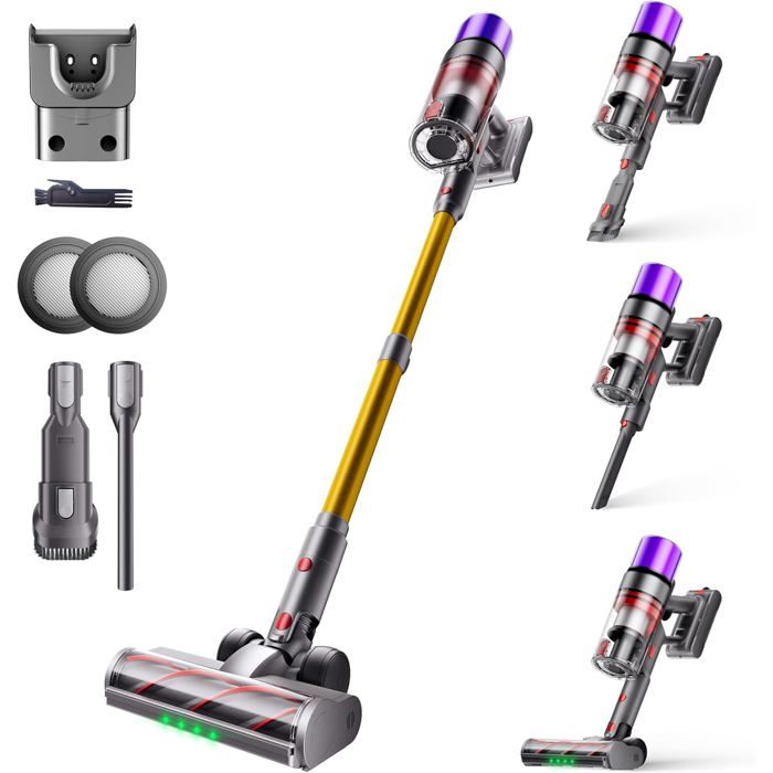 Aspirateur Balai Sans Fil 55Kpa/600W/80Min Aspirateur Sans Fil Puissant Avec Écran Intelligent Brosse Anti-Emmêlement Recharge Mur