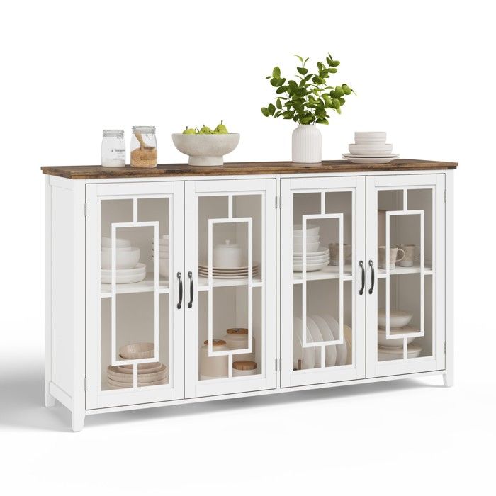 Grand Buffet de Cuisine de 160 cm avec Portes Vitrées - Buffet Bas Blanc de Rangement - Vaisselier Moderne pour Salle à Manger