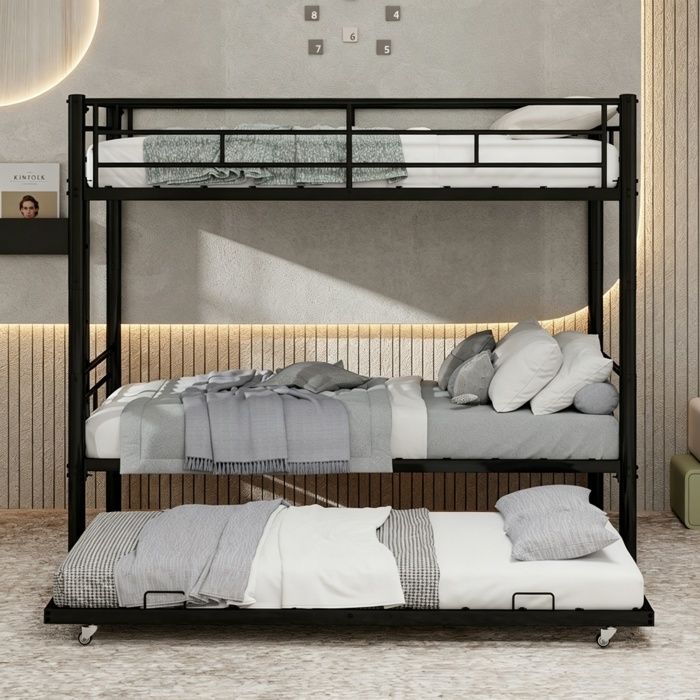 Lit superposé 3 places - BELLEMAVE - 2×90×190 cm - lit gigogne 90×180 cm - avec barrières de sécurité - sans matelas - noir