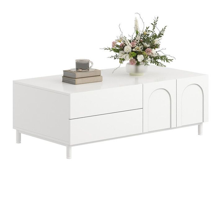 Table basse rectangulaire de salon 100x50x395cm en aggloméré et MDF portes arquées pieds tubulaires en acier meuble de rangement