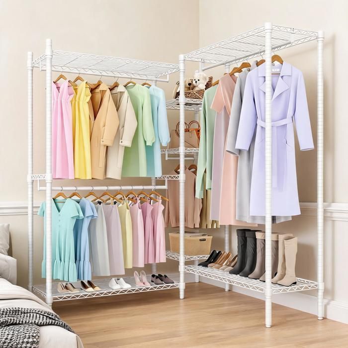 KOIOPLIE Portant à Vêtements L- Penderie Autoportante Tringles Étagères Réglables - 3 Combinations - Chambre/Dressing - Blanc
