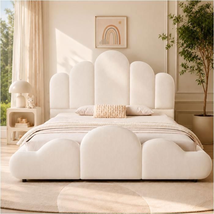 Lit Rembourré 140 x 200 cm - en Velours Beige - Merax - avec Sommier à Lattes Tête de Lit Nuage et Angles Arrondis Lit Rembourré 140 x 200 cm - en Velours Beige - Merax - avec Sommier à Lattes Tête de Lit Nuage et Angles Arrondis