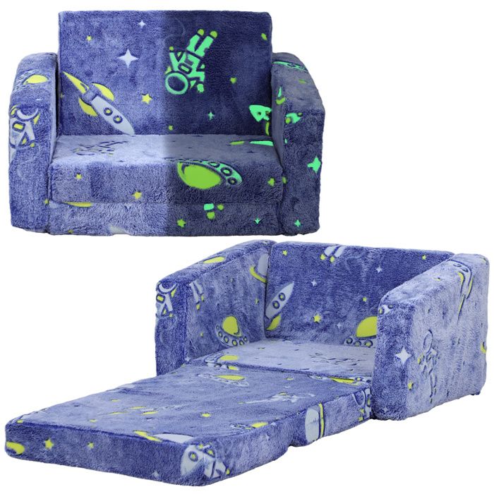 YWJ Canapé Enfant Pliable 2 en 1 Tissu Lumineux à Motif Cosmique Coussin et Housse Lavables Bleu