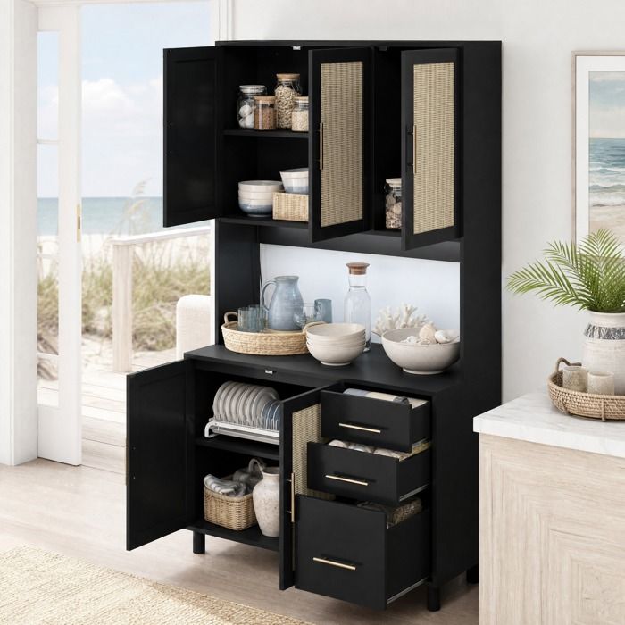Buffet de cuisine 183 cm - LED commandée par application 2 prises 2 ports USB 3 tiroirs - Noir - MDF