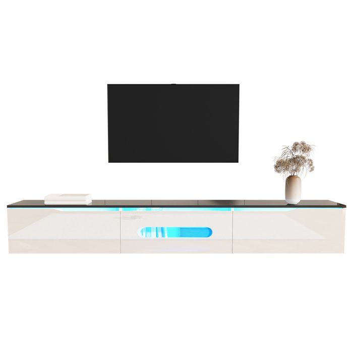 Meuble TV - 180 x 35 x 30 cm - Noir & Blanc brillant - LED 16 couleurs Bluetooth - MDF pose ou suspension