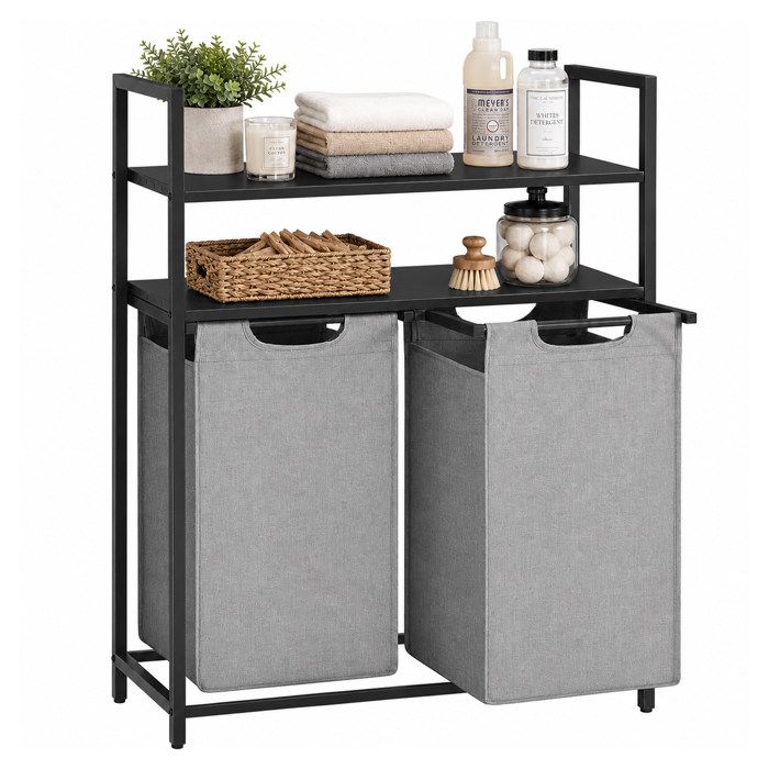 Relaxdays Panier à linge avec étagères 2 bacs coulissants 46 L tissu H x L x P : 93 x 73 x 33 cm noir/gris