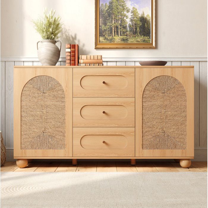 Buffet bas 140 cm natural à 2 portes et 3 tiroirs meuble de rangement en MDF et panneaux de particules