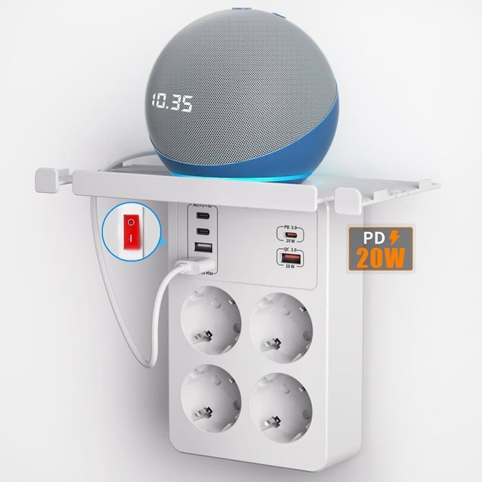 Prise Multiple avec Interrupteur Multiprise Murale avec Charge Rapide PD20W Bloc Multiprise 4 Prises et 6 USB Chargeur Adaptateur