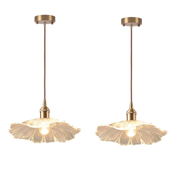 WOTTES Lot de 2 Suspension Vintage Verre Transparent Fleur Lustre Bar Chambre Cuivre Lampe Suspendue Intérieur Éclairage Luminaire