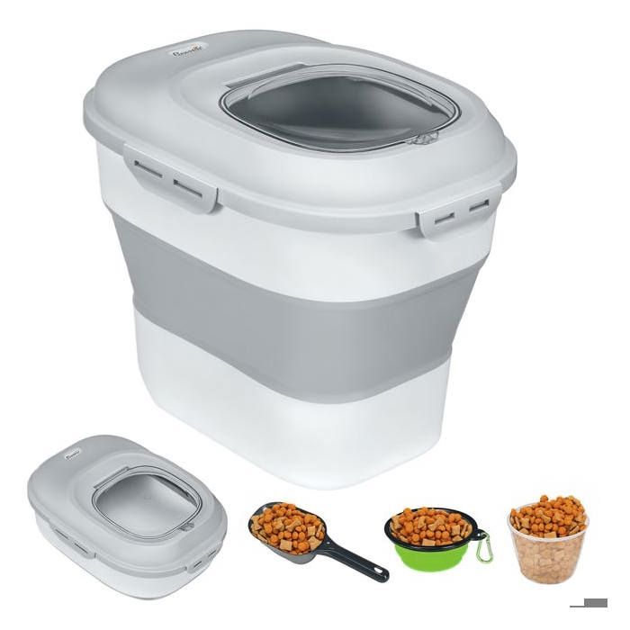 Conteneur à Croquettes Chien 25L à Roulettes Gris - Boîte de Rangement Étanché avec Gamelle Pliable Verre Doseur & Pelle