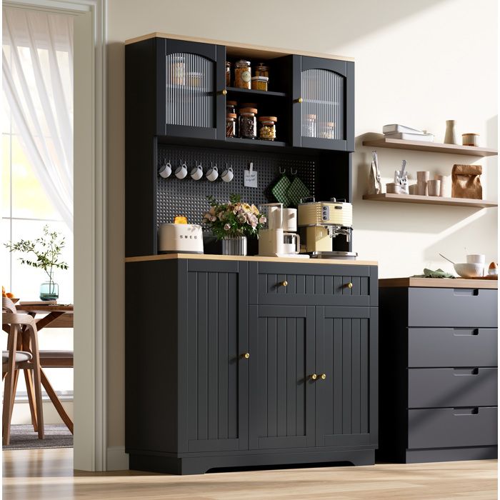 Colonne de cuisine AESVAR 103 5 x 40 x 180 cm portes vitrées étagères réglables panneau perforé noir
