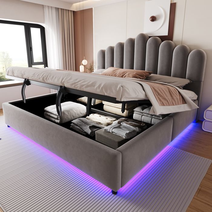 Lit double rembourré 180x200 cm en velours coloris gris éclairage LED coffre relevable sommier à lattes sans matelas