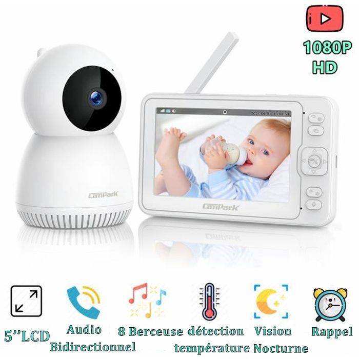 BABYMOOV Babyphone vidéo Essential, écran couleur 2,4, vision nocturne,  portée 250m, multifonctions, kit mural