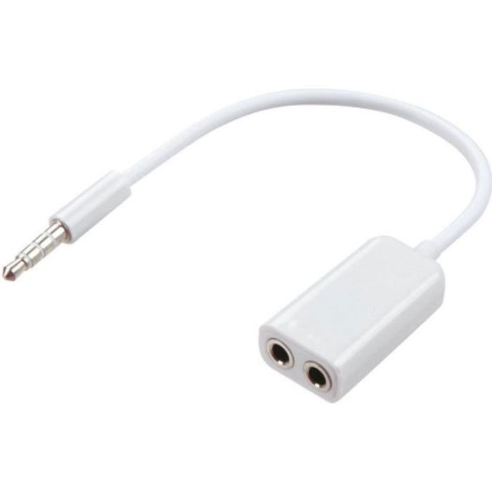 Splitter Répartiteur Hub 2 Ports-Prises Femelles Jack 35mm vers 1 fiche Mâle Jack 35mm Pour écouteurs Casque audio Blanc