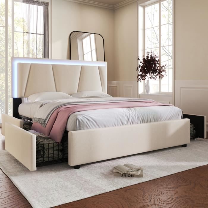 Lit Double 140x200 Cm Velours Beige Avec LED, USB, Tête De Lit Rangement Et 4 Tiroirs - Lodera