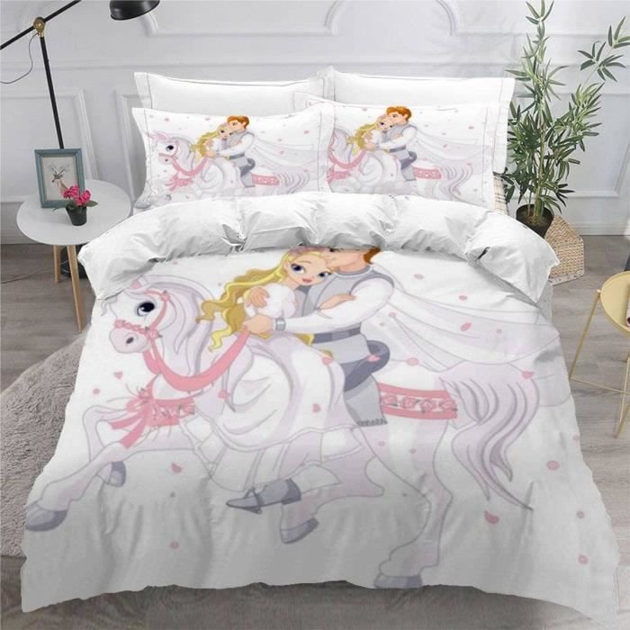 Housse De Couette 140X200 Enfant Cheval Blanc Prince Parure De Lit 1 Personne Fille Garçon