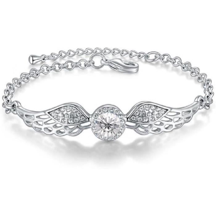 Bracelet 'Ange Et Démon' En Cuir Noir Avec Cristaux - Plaqué Platine, Pour Femme