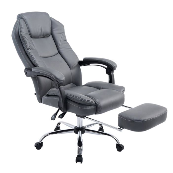 fauteuil de bureau ergonomique en synthetique gris avec repose-pieds et accoudoirs