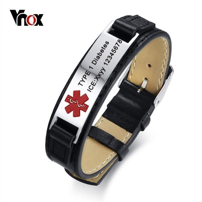 Medical Alert ID Bracelet en cuir synthétique Acier inoxydable Bijoux Personnalisé Gravure Medical Alert ID Bracelet en cuir synthétique Acier inoxydable Bijoux Personnalisé Gravure